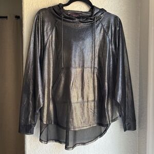 Womens Y2K S Hoodie Silver Metallic Mesh Batwing Pullover Athleisure Retro